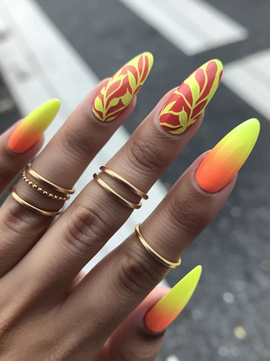 ombre summer nails ideas 2025 Flame-Tipped Tropicana
