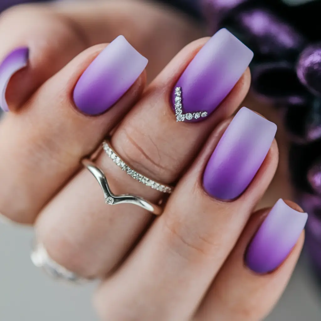 ombre summer nails ideas 2025 Velvet Purple Fade with Diamond Detail