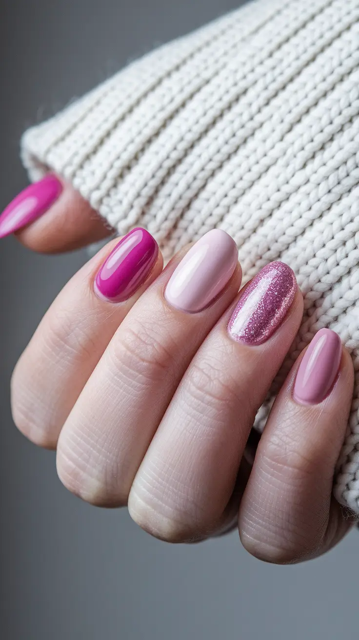pink summer nails 2025 Muted Pink Palette with a Sparkle Surprise