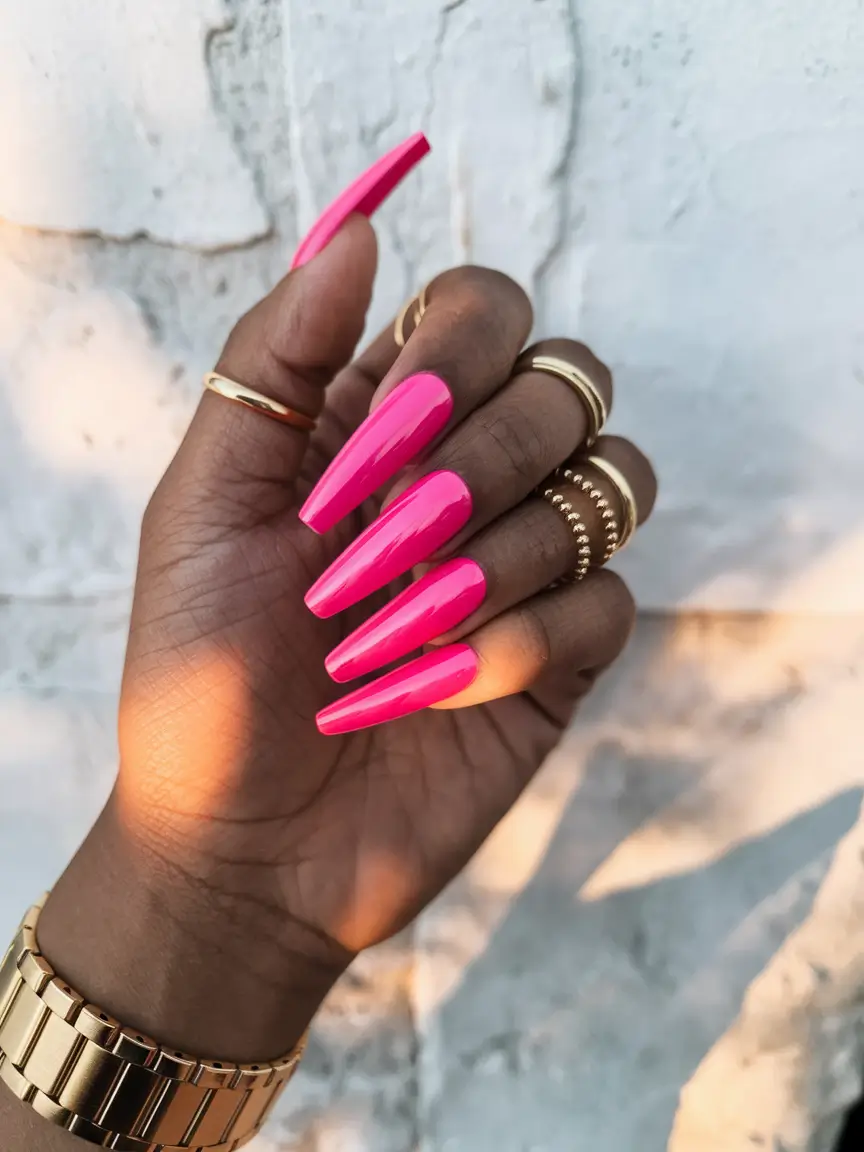 pink summer nails 2025 Barbiecore Coffin Confidence