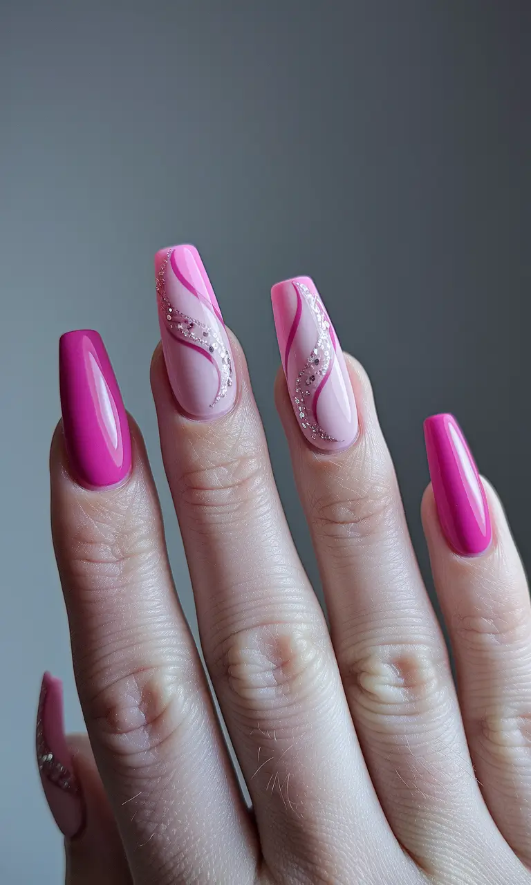 pink summer nails 2025 Wavy Rhinestone Vibes