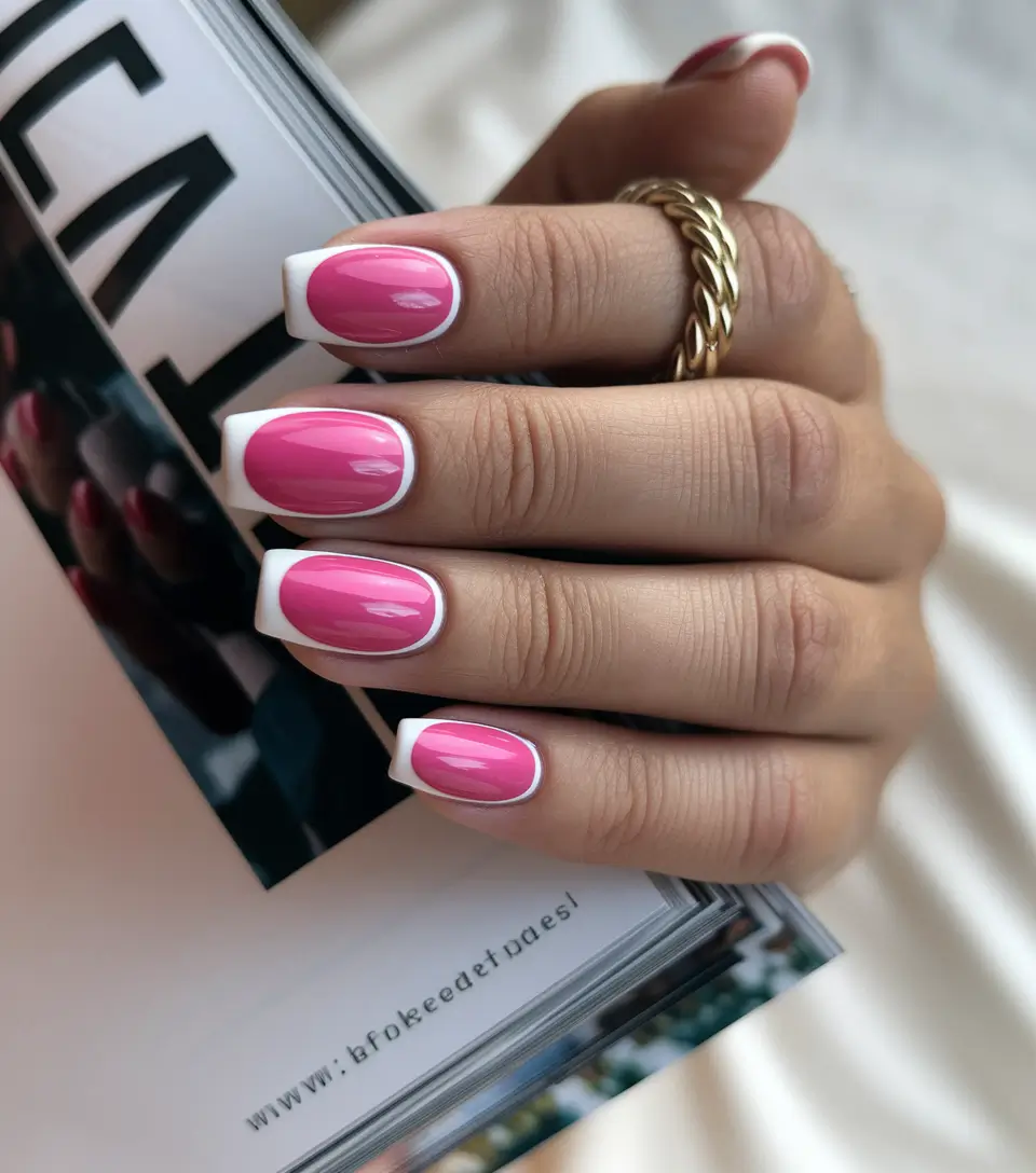 pink summer nails 2025 Neon French Frame