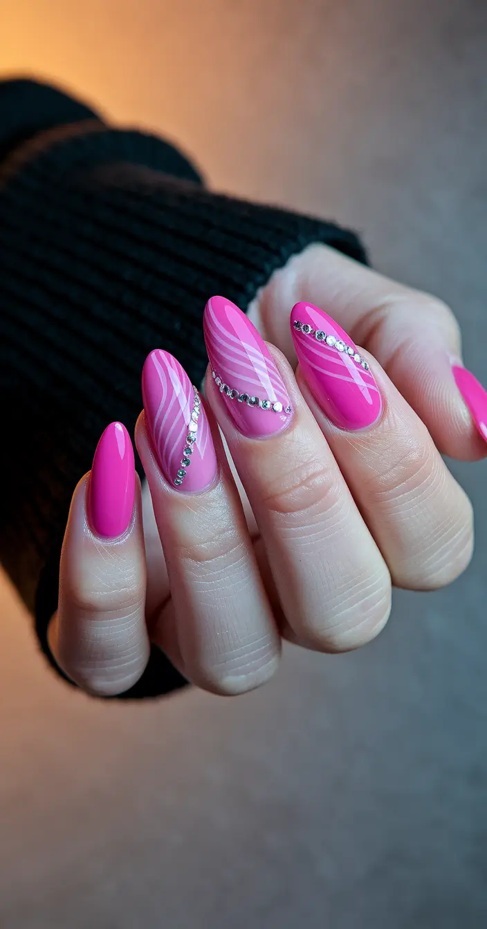 pink summer nails 2025 Glossy Swirls and Rhinestone Drama