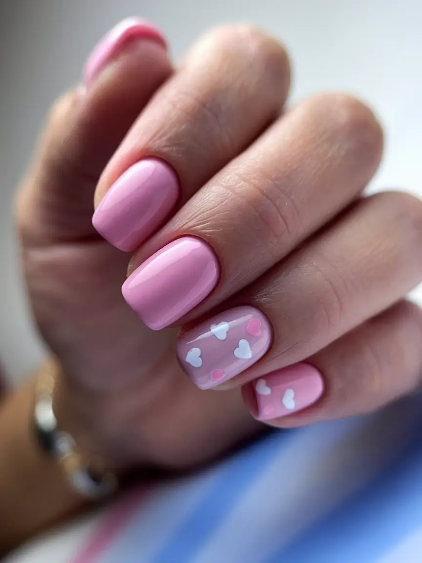 pink summer nails 2025 Short and Sweet Pastel Hearts