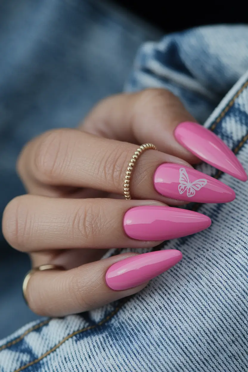 pink summer nails 2025 Pointed Pink With a Butterfly Whisper