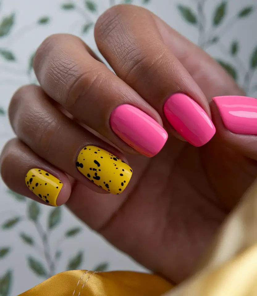 pink summer nails 2025 Pink Meets Yellow in a Bold Color Clash