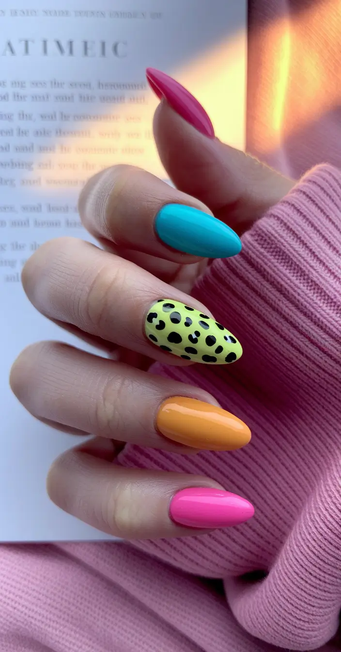 short acrylic nails for summer 2025 Color-Blocked Brilliance with Leopard Charm