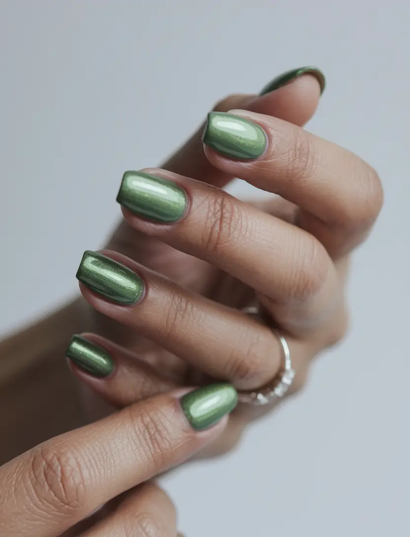 short acrylic nails for summer 2025 Metallic Matcha Vibes