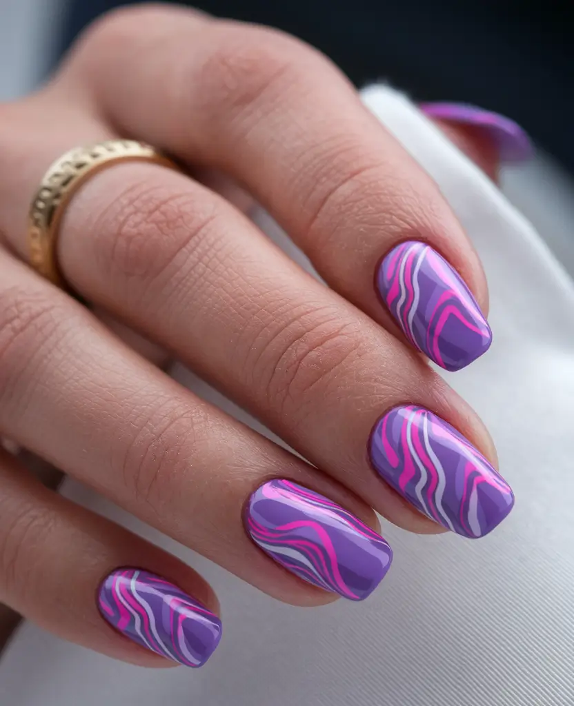 short acrylic nails for summer 2025 Purple Psychedelic Waves
