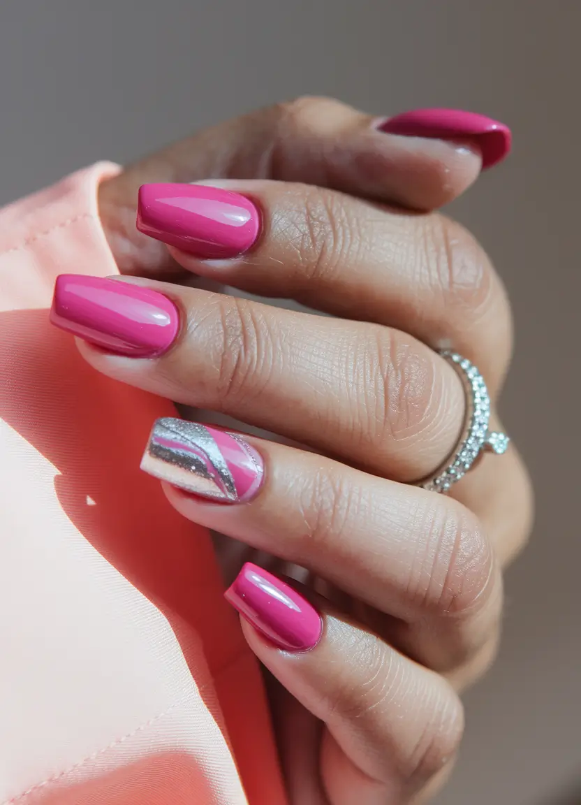 short acrylic nails for summer 2025 Pink & Chrome Candy Swirls