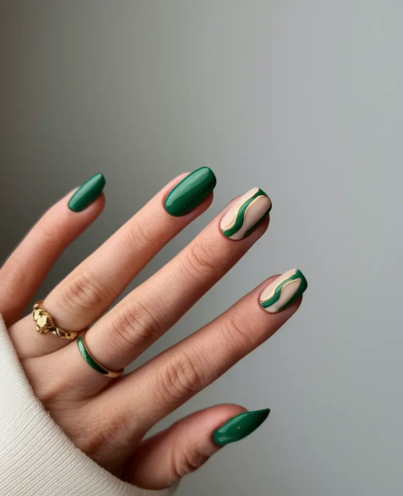 short acrylic nails for summer 2025 Forest Green Waves With a Nude Flow