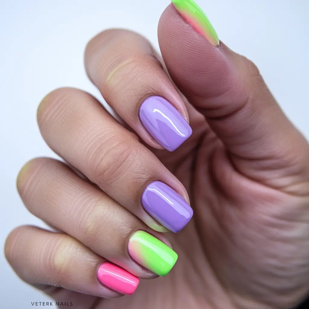 short acrylic nails for summer 2025 Neon Sorbet Square Fade