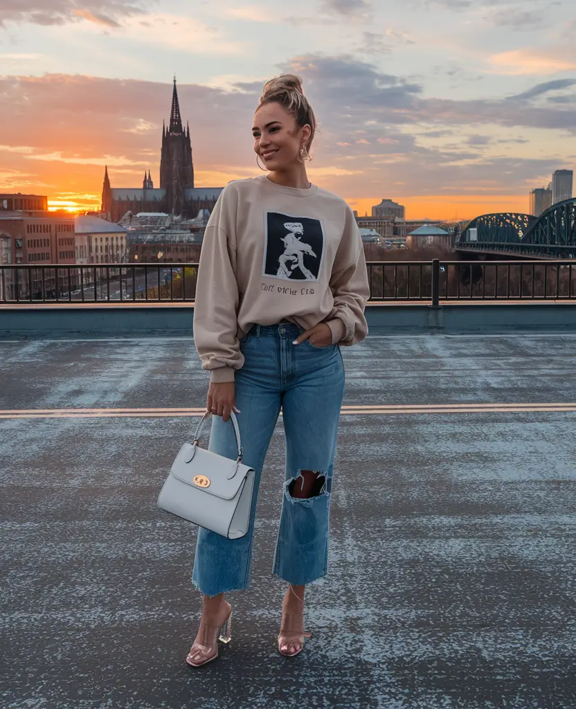 end of summer outfits night Graphic Sweatshirts and Heeled Denim Drama