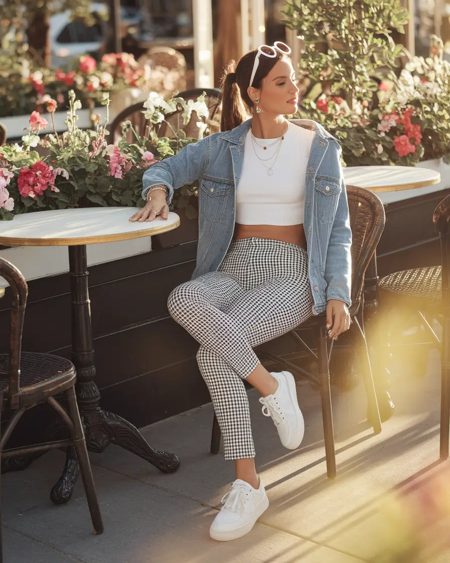 end of summer outfits casual classy Gingham Pants and Denim for Coffee Shop Cool