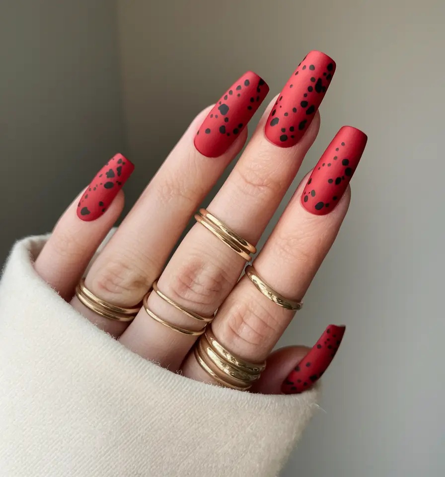 summer red nail ideas 2025+Spotted Red Matte for a Playful Edge