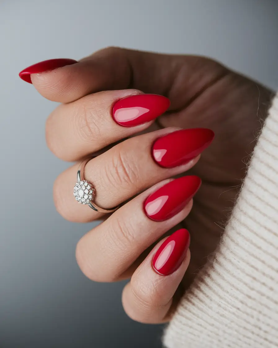 summer red nail ideas 2025+Glazed Red Almonds for a Chic Classic