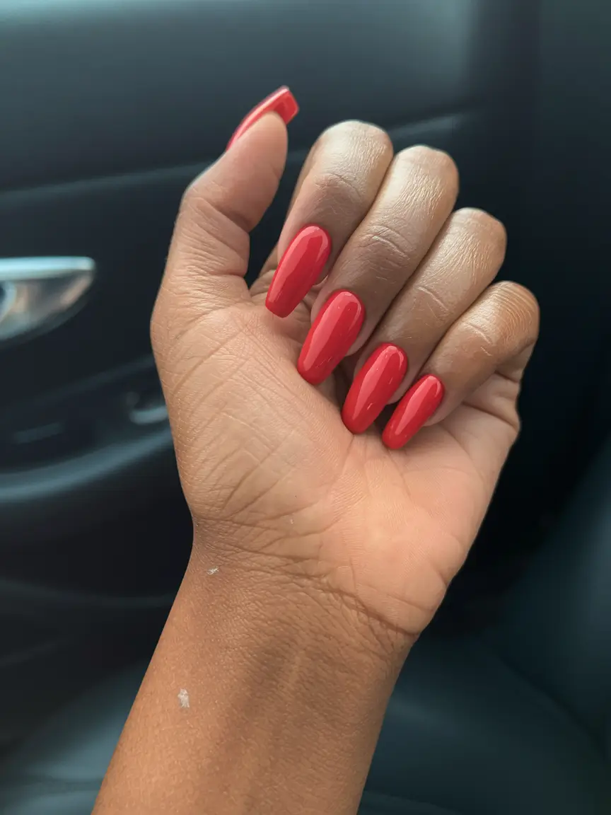summer red nail ideas 2025+Bright Red Coffin for Pure Impact
