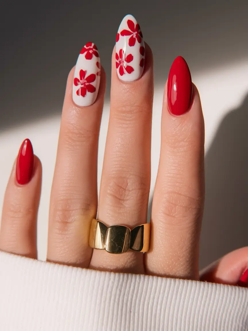 summer red nail ideas 2025+Floral Pop Meets Almond Simplicity