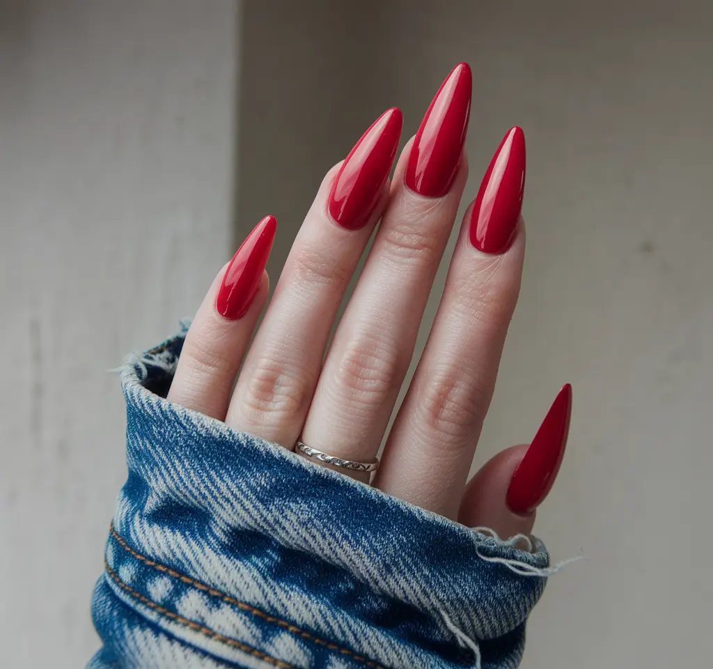summer red nail ideas 2025+Red Stilettos for Maximum Drama