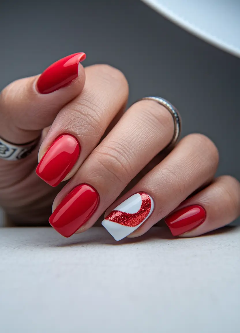 summer red nail ideas 2025+Gloss Red with a Sparkle Swerve
