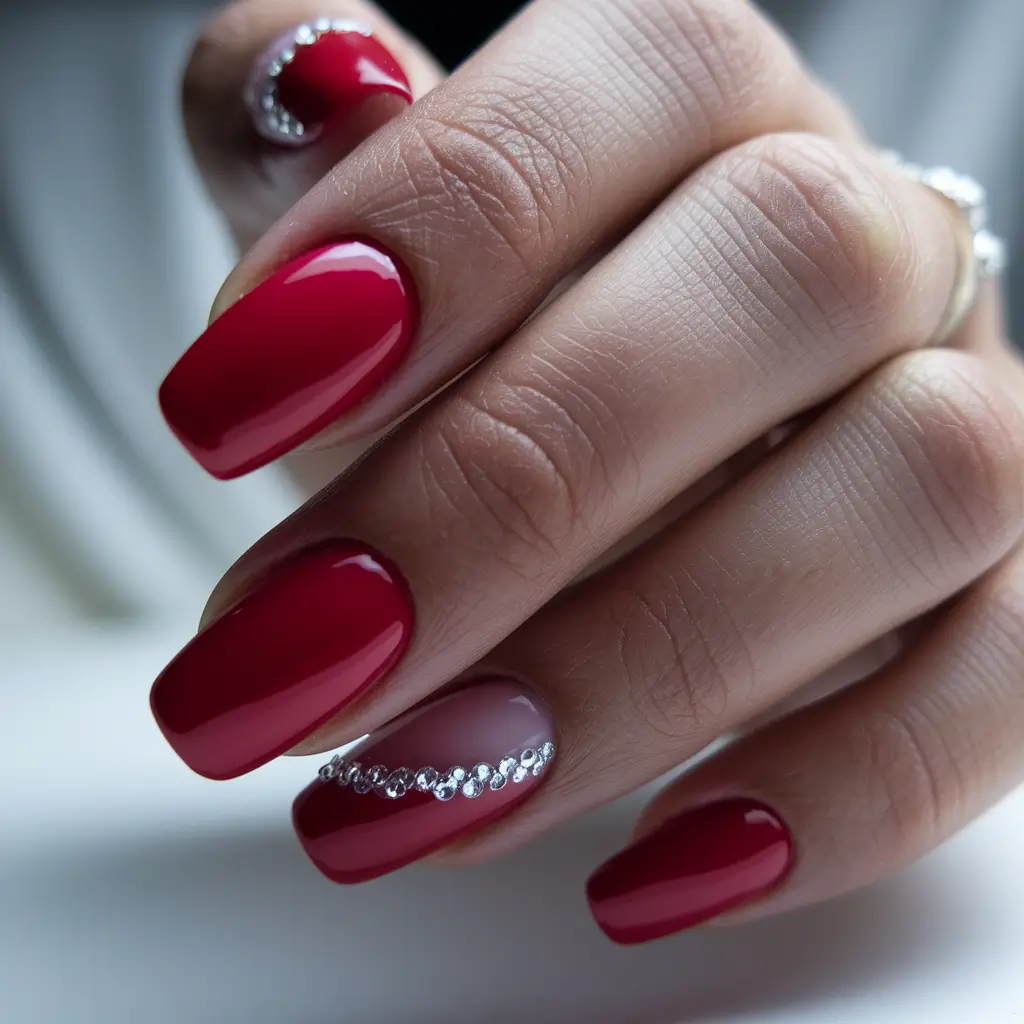 summer red nail ideas 2025+Rhinestone Romance in Crimson