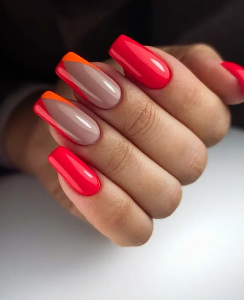 summer red nail ideas 2025+Neon French Meets Sunset Ombre