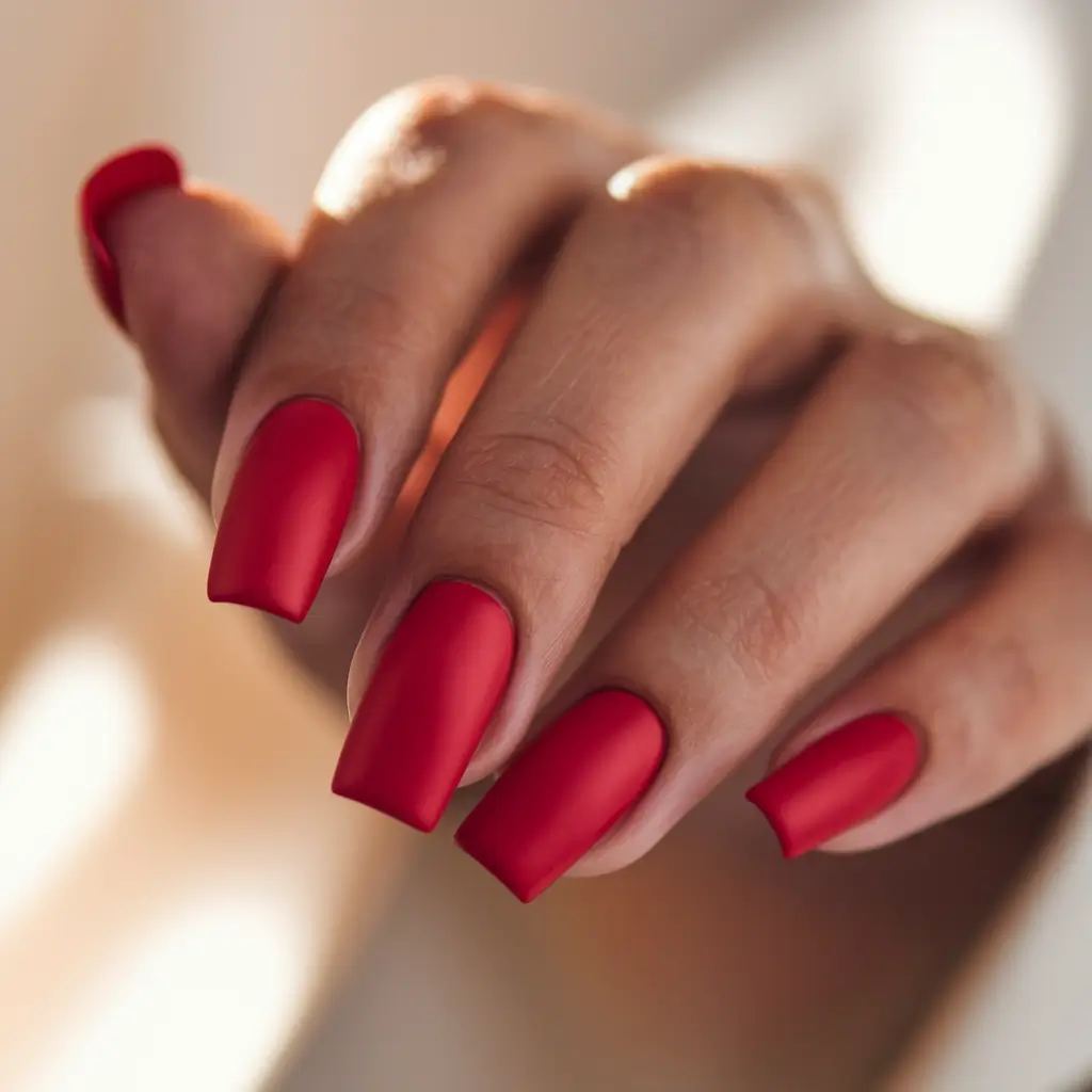 summer red nail ideas 2025+Velvety Matte Elegance