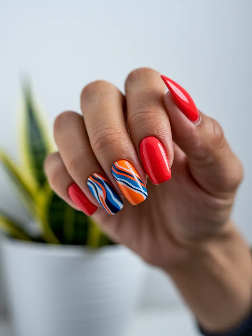 summer red nail ideas 2025+Color Pop Swirl Moment