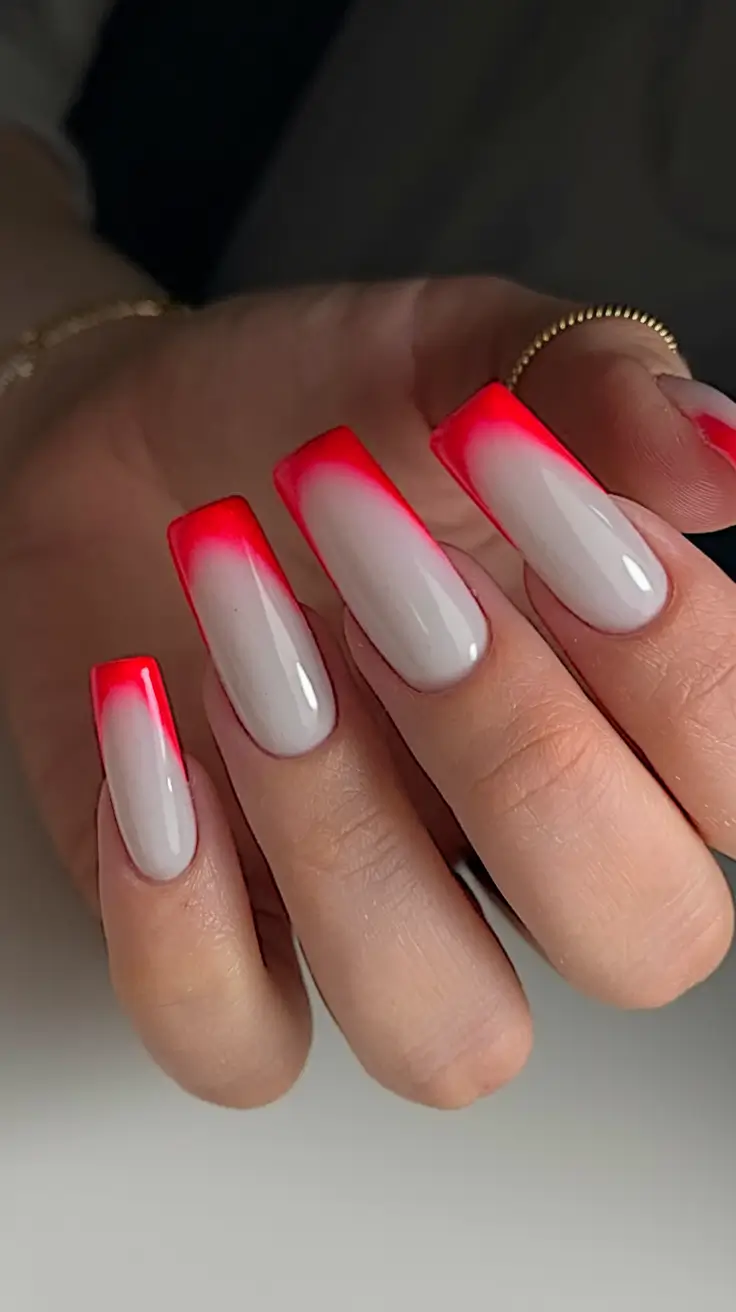 summer red nail ideas 2025+Glow-Tip Neon Fade