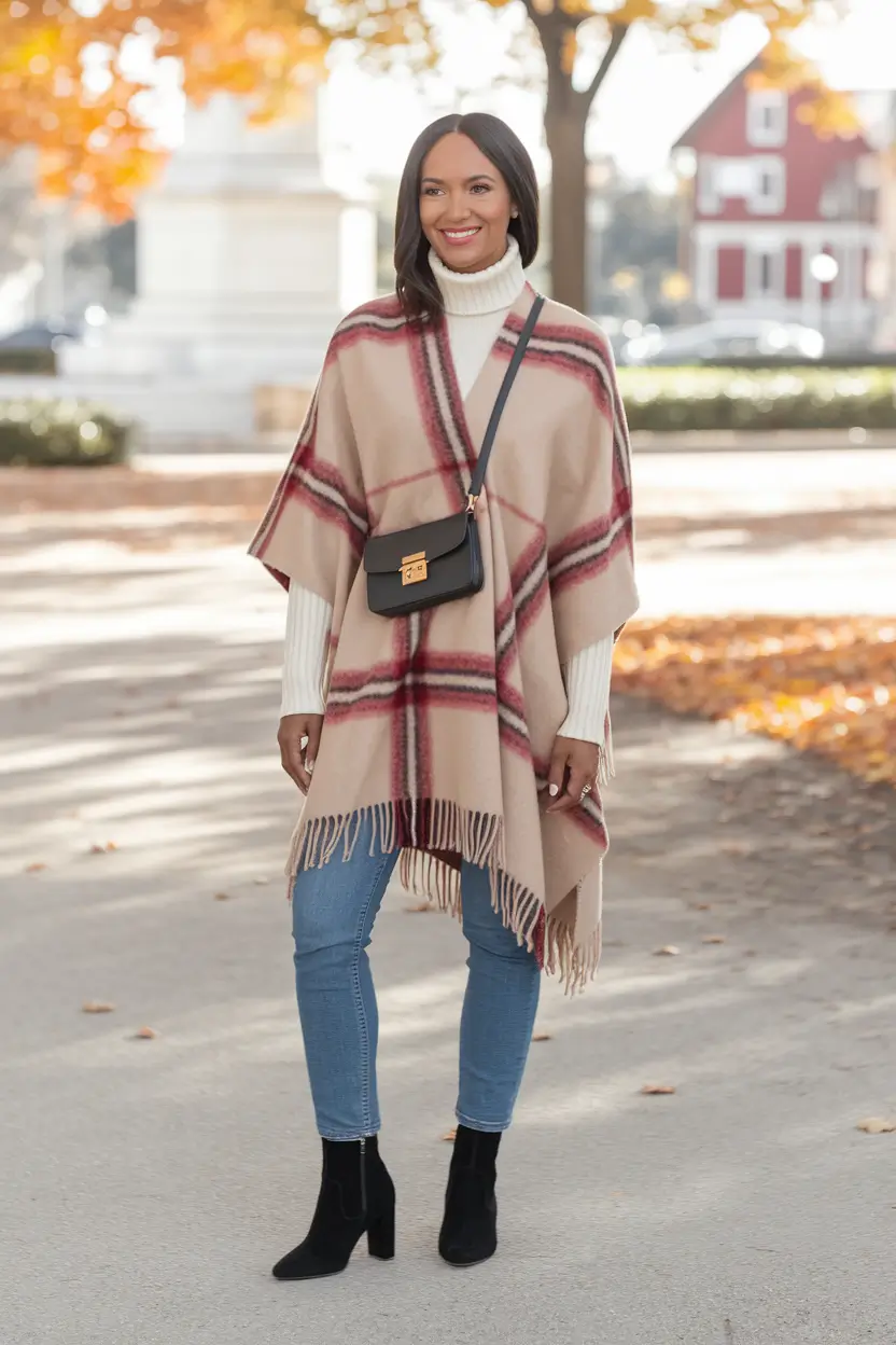 summer to fall transition outfits Effortless Chic with a Cozy Cape and Jeans
