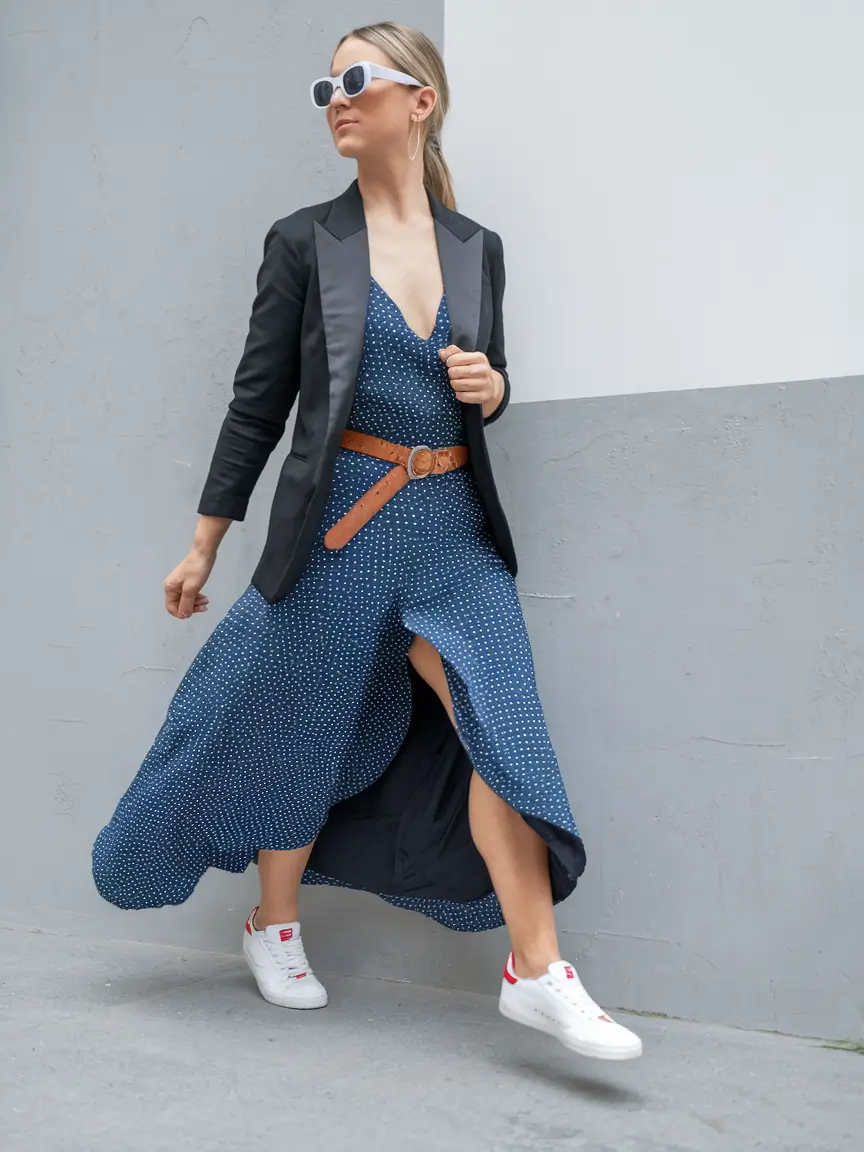 summer to fall transition outfits Silky Dress Meets Street-Ready Blazer