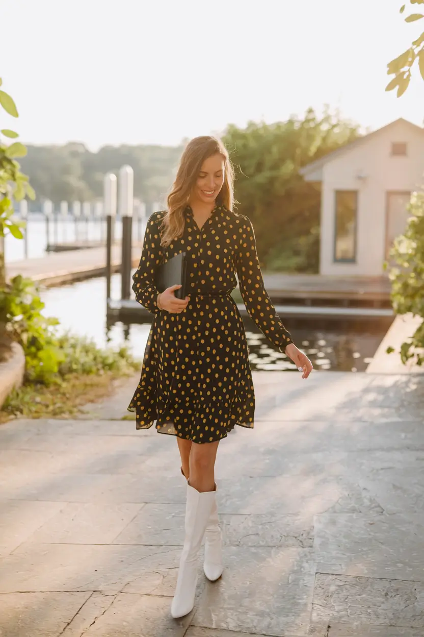 summer to fall transition outfits Playful Polka Dots and Crisp White Boots