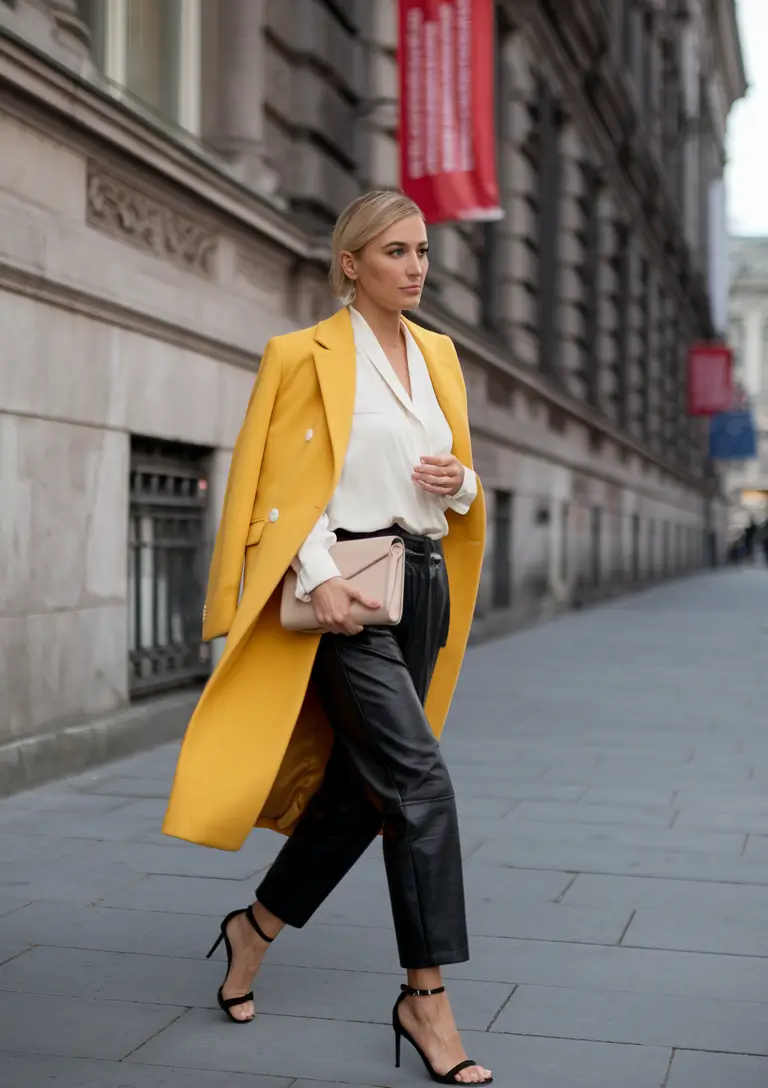 summer to fall transition outfits Power Yellow Coat with Polished Leather Pants