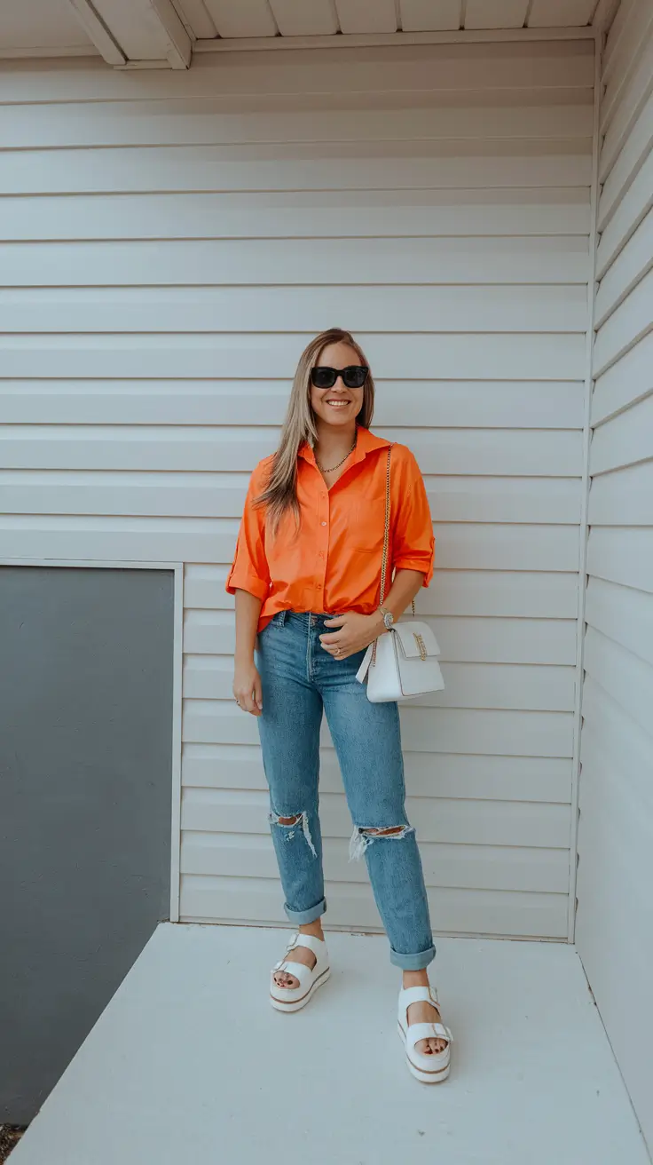 summer to fall transition outfits Bright Button-Down and Rolled Denim Simplicity