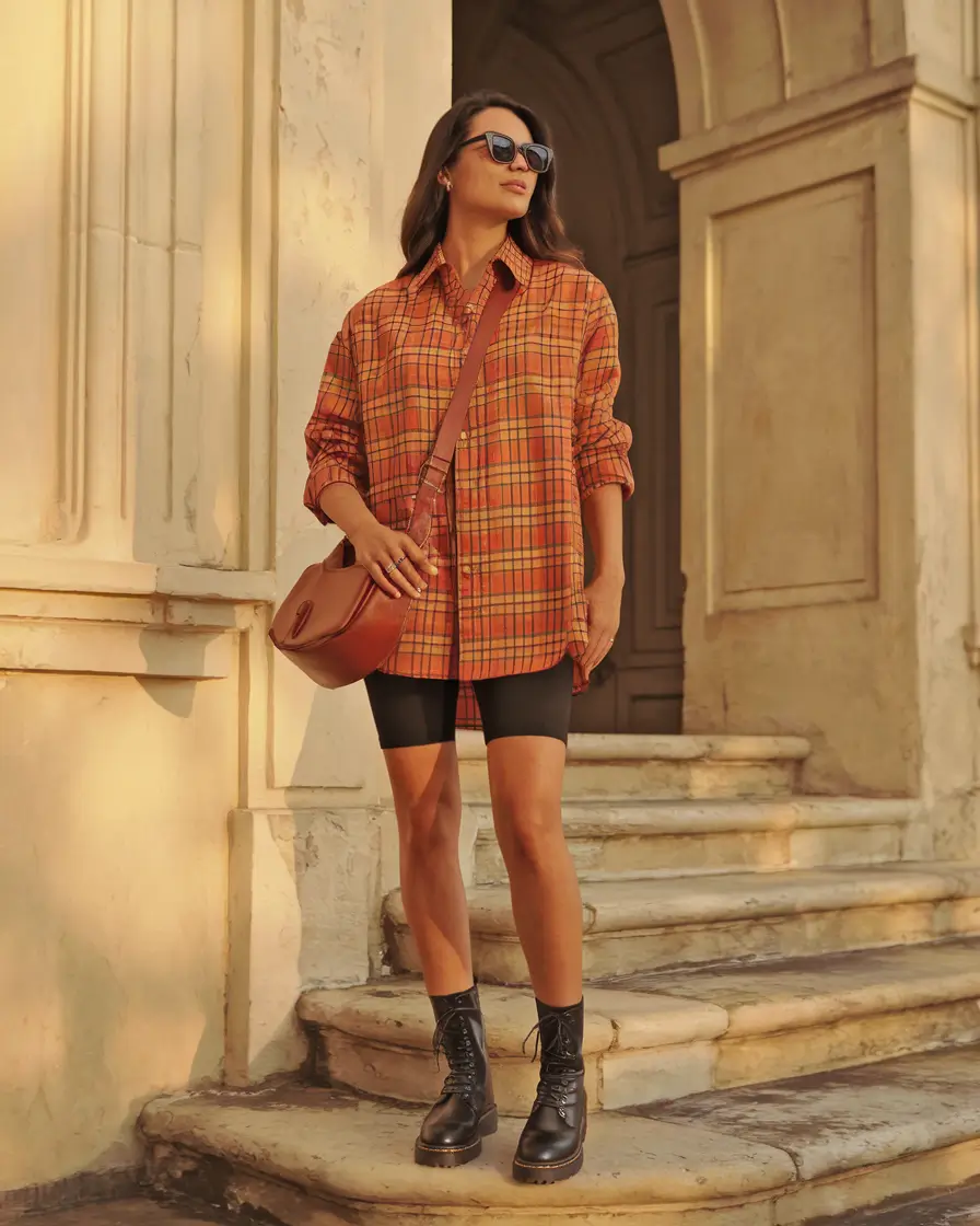 summer to fall transition outfits Oversized Plaid and Biker Shorts Energy