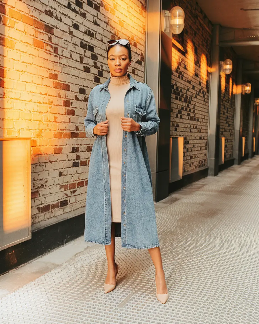 summer to fall transition outfits Layered Neutrals with a Denim Statement