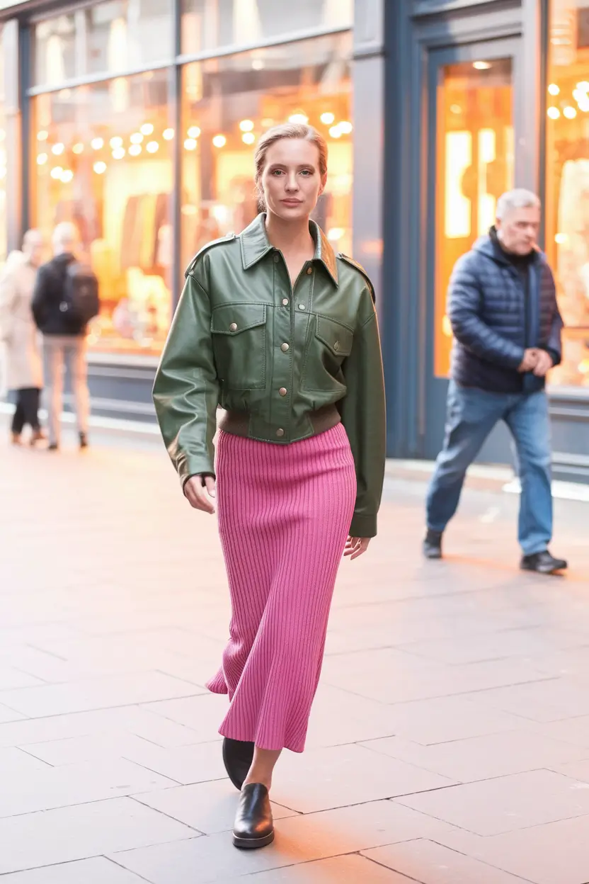 summer to fall transition outfits Utility and Femininity in a Bold Color Clash