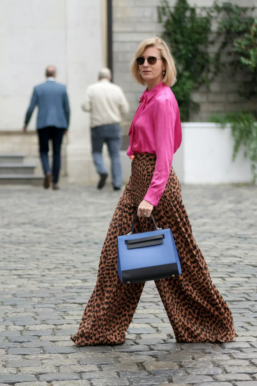 summer to fall transition outfits Animal Print Wide Legs and a Silk Pop of Pink