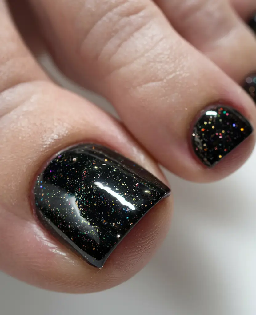 august toe nails designs Holographic Galaxy Black