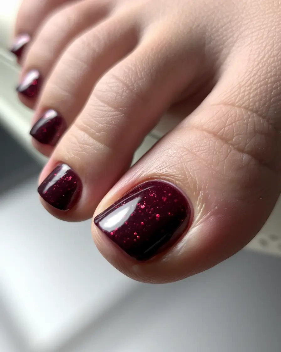 august toe nails 2025 Merlot Sparkle Elegance