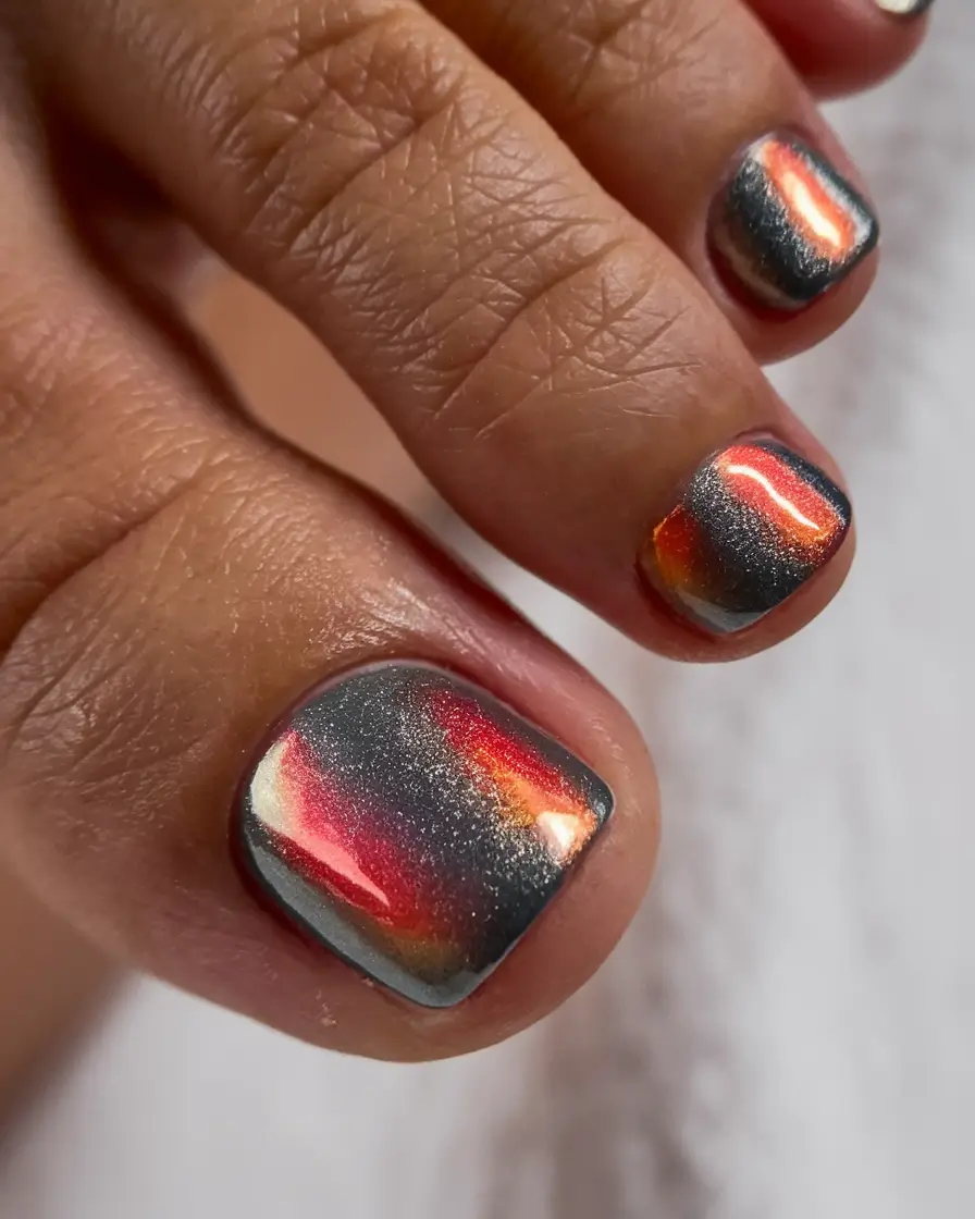 august toe nails 2025 Molten Sunset Chrome with a Galactic Twist