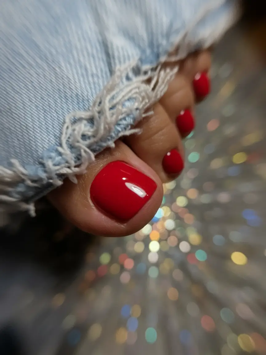 summer toe nails august Classic Red with a Denim Twist
