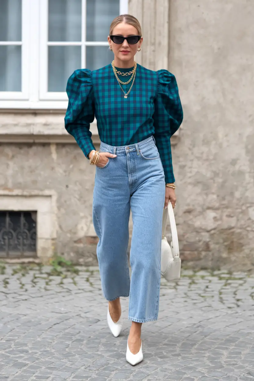 august outfits Structured Sleeves and Retro Denim Chic