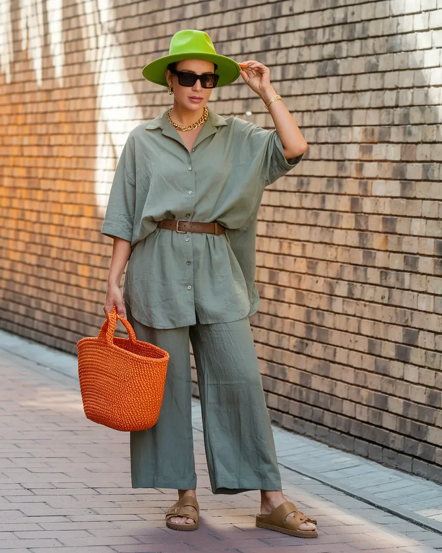 august outfits Olive Monochrome with Neon Accents