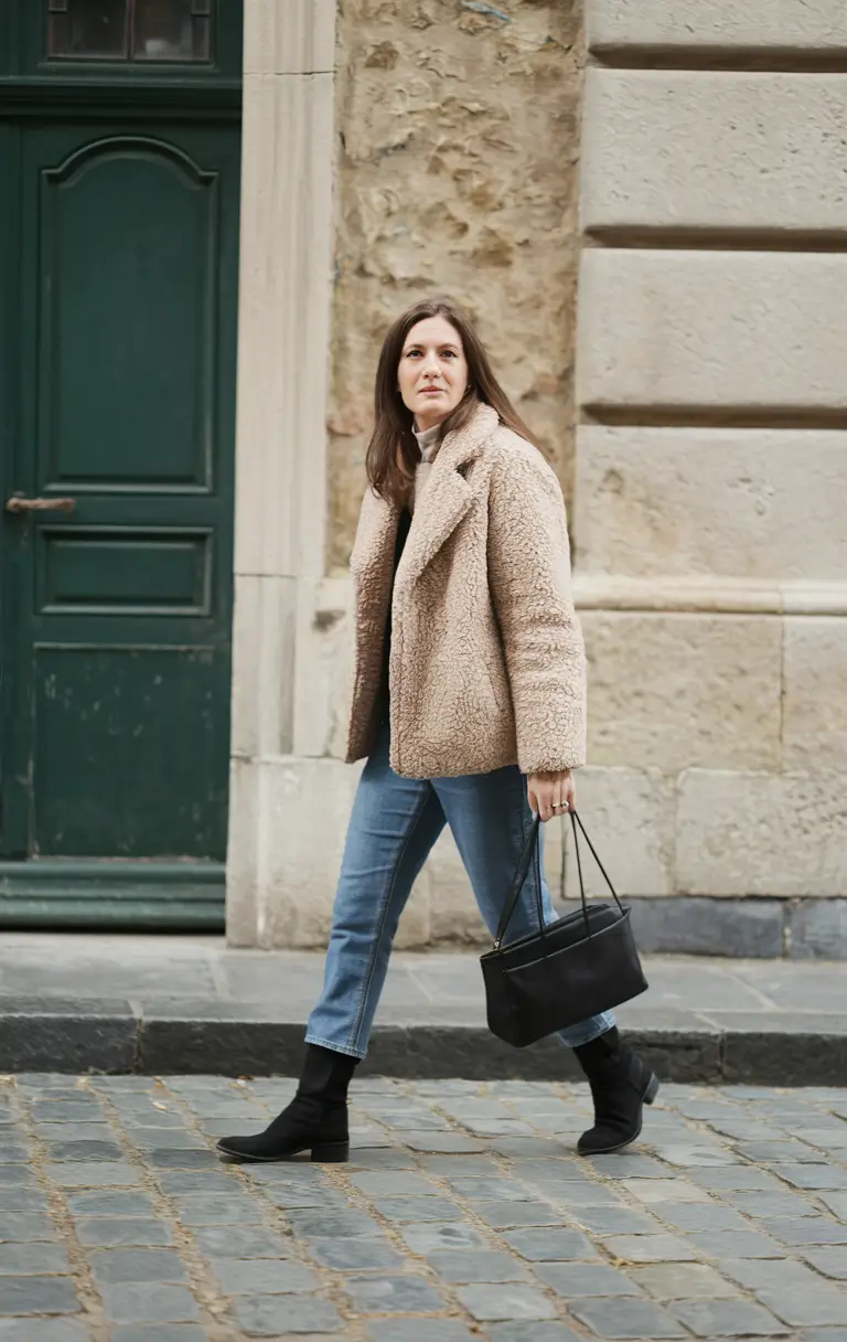 fall outfits for women over 40 Teddy Textures and Timeless Denim