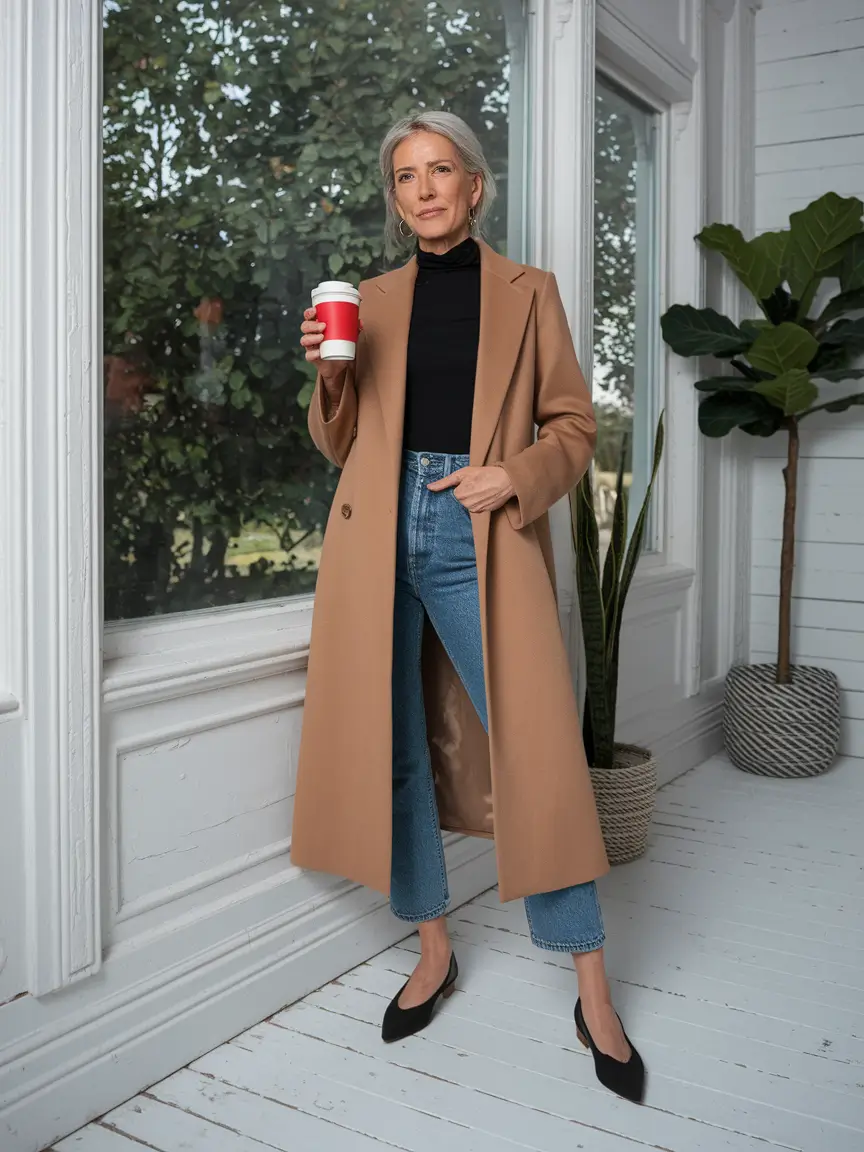 fall outfits for women over 40 Modern Camel Coat Over Denim Classics