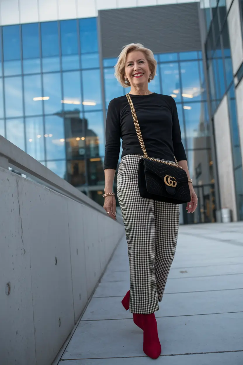 fall outfits for women over 40 Unexpected Gingham and Fiery Boots