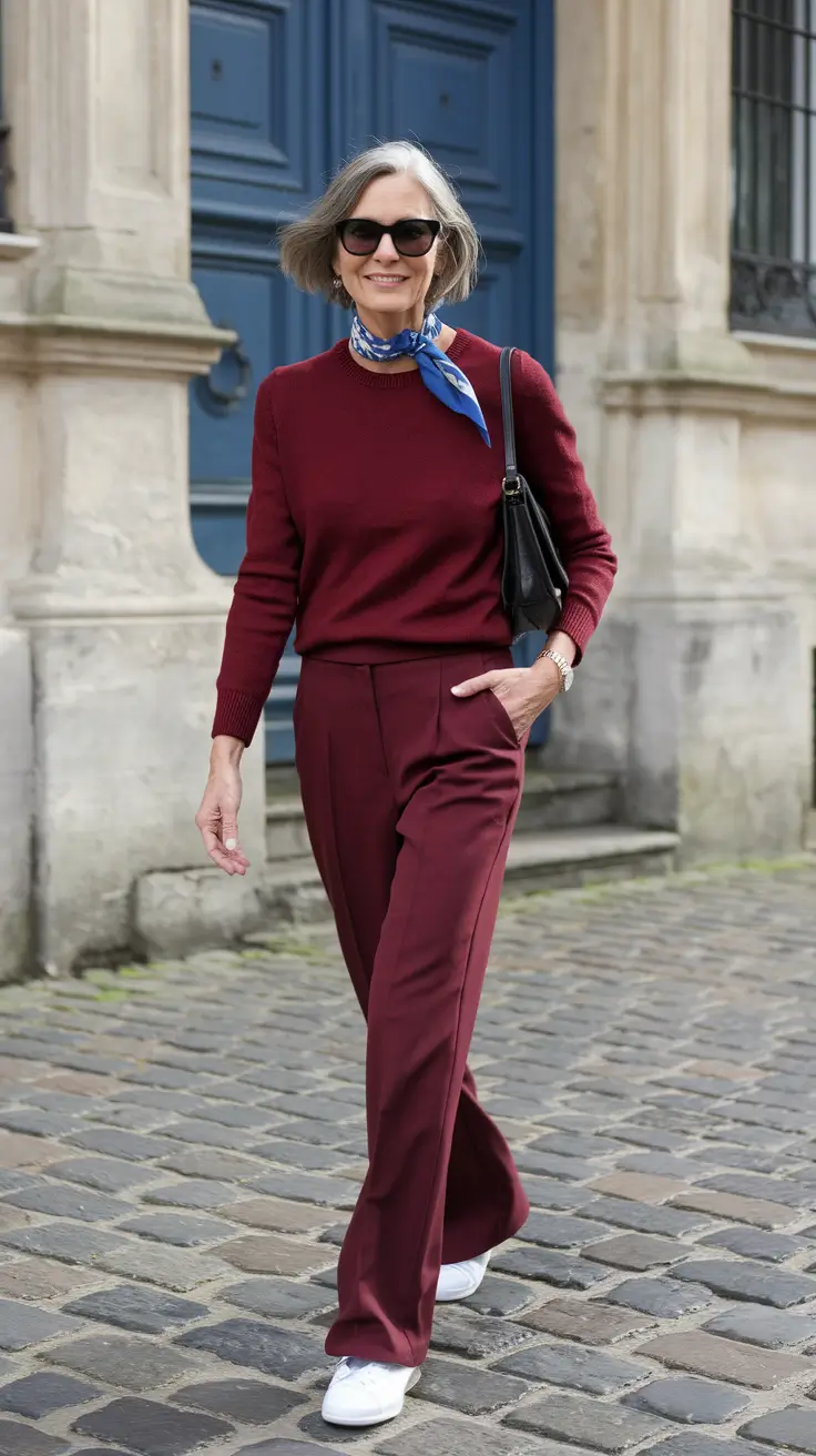 fall outfits for women over 40 classy Monochrome Burgundy with a Pop of Personality