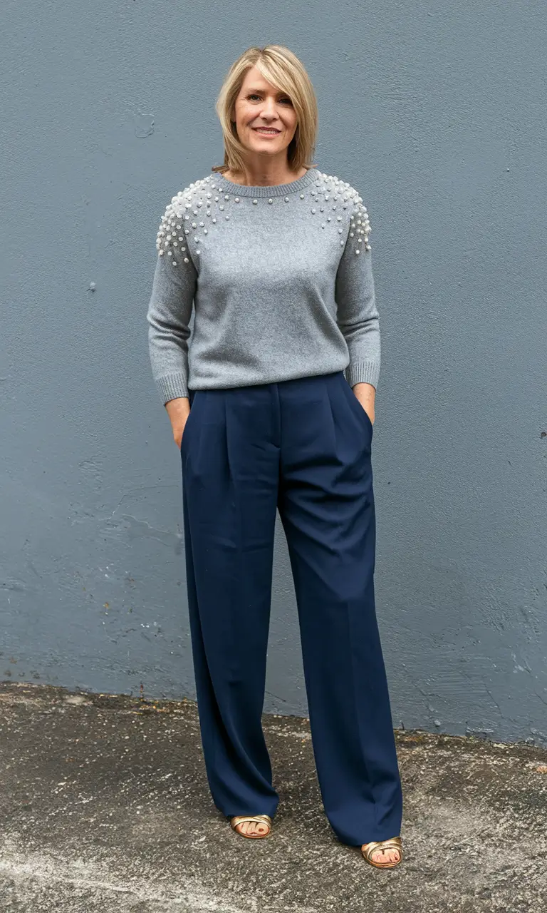 fall outfits for women over 40 Pearl Details and Midnight Blues