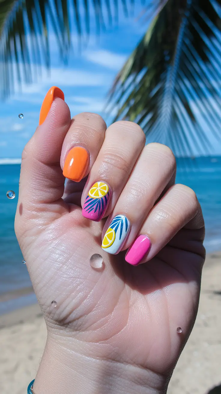 tropical fruit nails Neon Citrus Palms at the Beach